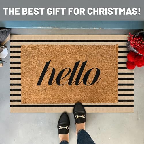 IOHOUZE 2x3 Striped Outdoor Door Mat, Washable Porch Rug, Tan Black - Image 2
