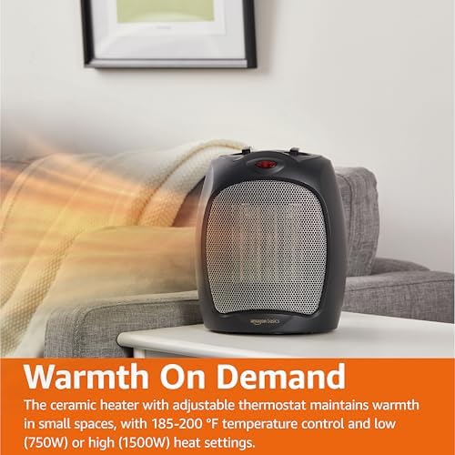 Amazon Basics Ceramic Space Heater, Portable Indoor Heating Solution, With Overheat and Tip-Over Protection, Thermostat, Non-Oscillating, 1500W, 7.52"D x 6.34"W x 9.45"H, Black - Image 6