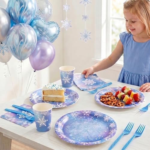 144 Pcs Frozen Tableware Set for 24 Guests, Heavy-Duty 7" & 9" Paper Plates, Cups, 2-Ply 13" Napkins & Plastic Forks, Disposable Winter Snowflake Party Supplies for Christmas Holiday Party - Image 2