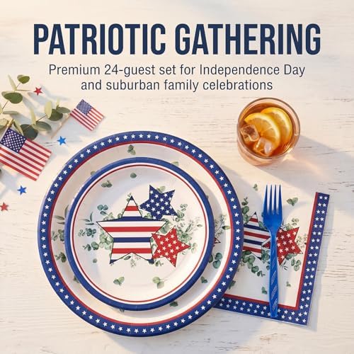 96Pcs Eucalyptus Leaves Patriotic Party Paper Plates and Napkins 4th of July Supplies Sage Green Red White Blue Star Disposable Tableware for 24 Guests American Independence Day Memorial Decorations - Image 4