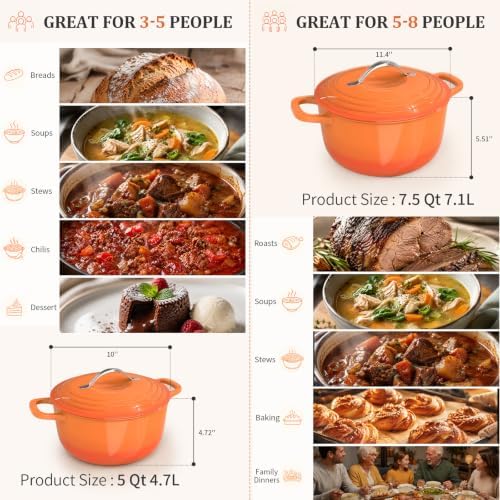 Winado 5 Qt Enameled Cast Iron Dutch Oven Pot with Lid, Orange Ombre - Image 4