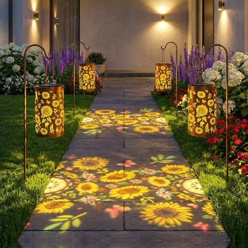 2Pack Colorful Solar Lanterns Outdoor Waterproof, Garden Decor Gifts for Women Mom Grandma - LED Colorful Sunflower Solar Powered Lights Metal Hanging Lantern for Outside Garden Patio Yard Lawn Porch - Image 5