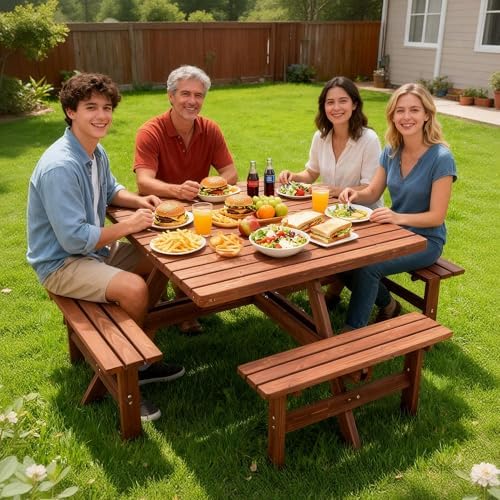 6-8 Person Square Picnic Table with Umbrella Hole Waterproof & Sturdy Cross StructureOutdoor Camping Wooden Dining Tables Set for Backyard Garden Camping Easy Clean,46.1",Brown by QUAWIP