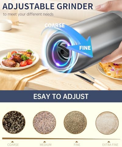 CIRCLE JOY Gravity Electric Salt and Pepper Grinder Set, Battery Powered Automatic Pepper Mills with Adjustable Coarseness, One Hand Operation, 176ml Large Container, Silver - Includes 8 Batteries - Image 4