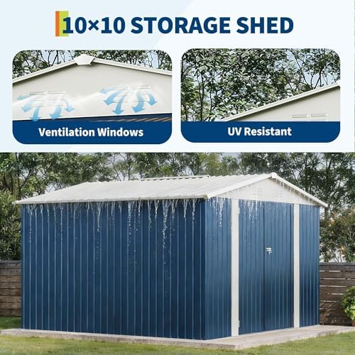 Garvee 10x10 FT Metal Storage Shed – Lockable Doors, Floor Frame, Blue - Image 3