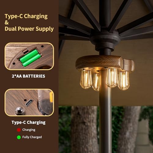 Dark Wood Grain Patio Umbrella Light with Remote Control, Rechargeable Cordless LED Edison Bulbs Pole Light with 10 Brightness Levels for Garden, Patio, Backyard, Camping or BBQ (1 Pack) - Image 2