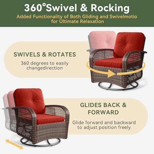 Aoxun 3 Pieces Patio Furniture Set, Patio Swivel Rocker Chairs Set of 2, Wicker Outdoor Bistro Set with Rocking Chair, Thickened Cushions and Table for Porch (Red) - Image 3