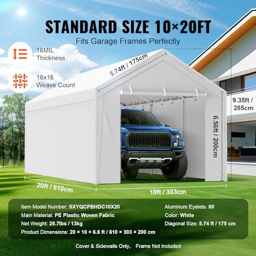 VEVOR Carport Replacement Canopy Top Cover + Sidewall 10 x 20 ft, Garage Tent Shelter Tarp Heavy-Duty Waterproof & UV Protected, Easy Installation with Ball Bungees,White (Frame Not Included) - Image 4