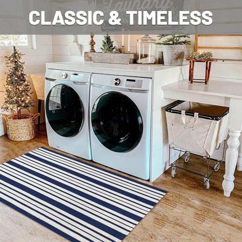 IOHOUZE 2.3x3.6 Striped Outdoor Door Mat, Washable Porch Rug, Navy White - Image 4