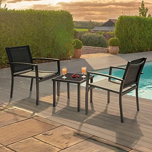 Greesum 3 Pieces Patio Furniture Outdoor Bistro Set Textilene Fabric Chairs for Lawn, Garden, Balcony, Poolside with A Glass Coffee Table, Black - Image 4