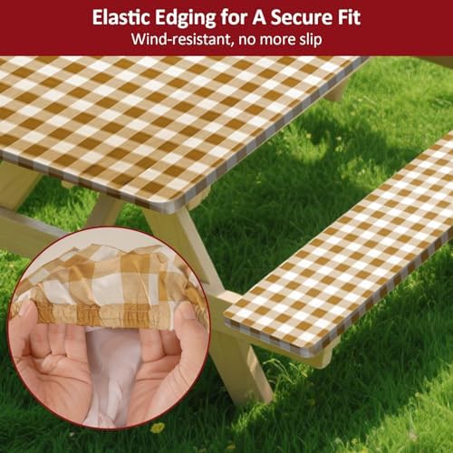 8ft 96" Picnic Table and Bench Cover, 3 Pack, Coffee Checkered - Image 4