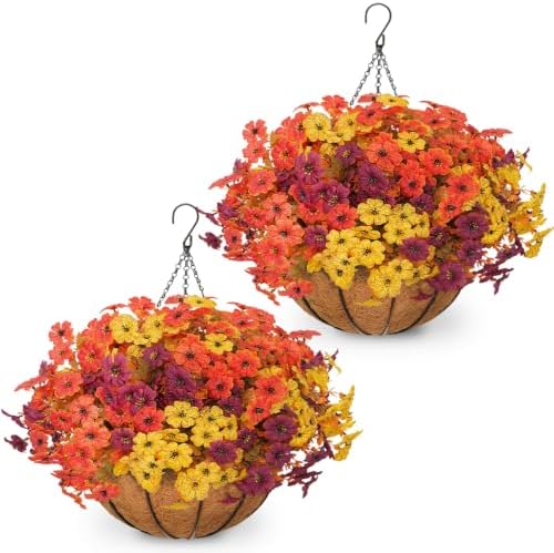 2 Set Artificial Fall Hanging Flower Baskets for Outdoor Autumn Decor by secqous