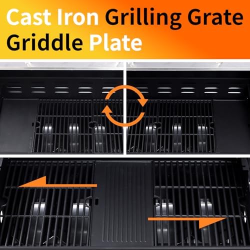 69000 BTU Output Propane Gas Grill with Side Burner and 6 Main Burners - Double-layer Stainless Steel Lid, Cast Iron Grids and Plate, Easy-Clean Grease Management for Perfect BBQs - Image 5