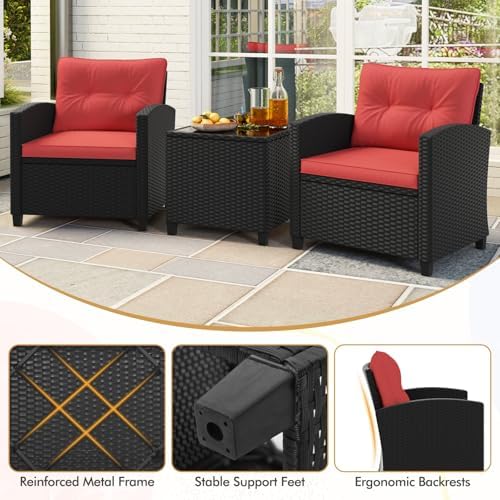 RELAX4LIFE 3-Piece Patio Furniture Set - Wicker Rattan Bistro Sofa Set w/Glass Top Coffee Table, Washable Cushions for Porch Balcony Backyard Poolside, Outdoor Furniture Conversation Set (Red) - Image 7