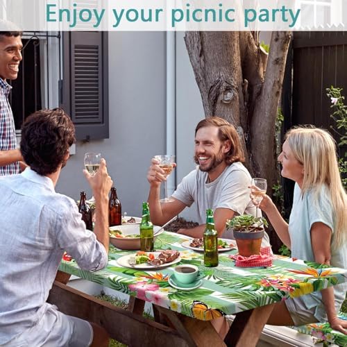 Picnic Table Cover with Bench Covers, Camping Essentials Hawaiian Luau Tropical Palm Leaves Flower Butterfly Waterproof Windproof Fitted Tablecloth Cover with Elastic Edge for Outdoor 3 PCS 30x96 Inch - Image 2