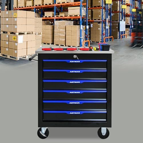 6-Drawer Heavy-Duty Rolling Steel Tool Cart with Handle&Wheels, Metal Storage Organizer Cabinet, Tool Chest for Efficient Tool Storage in Garage, Warehouse, Workshop, Repair Shop, Blue - Image 2