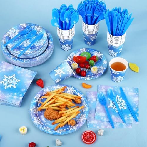 durony 350 Pcs Frozen Birthday Party Supplies Winter Snowflake Frozen Plates Napkins Cups Plastic Cutlery Frozen Party Disposable Tableware for Christmas Winter Wonderland Decorations Serve 50 Guests - Image 4