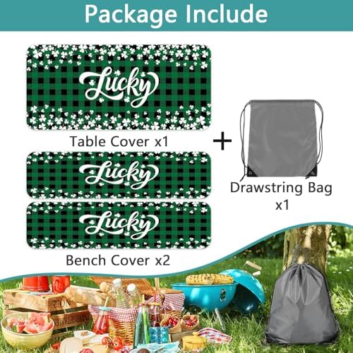 St. Patrick's Day Picnic Table Cover with Bench Covers, Camping Essentials, Buffalo Plaid Shamrock Lucky Outdoor Table Covers, Waterproof, Fitted Tablecloth Cover with Elastic Edge, 3 PCS, 30x96 Inch - Image 6