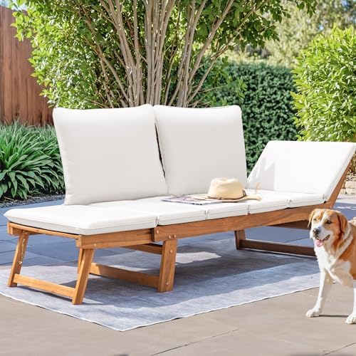 Devoko Outdoor Couch Acacia Wood Outdoor Sofa Balcony Furniture (White) - Image 6