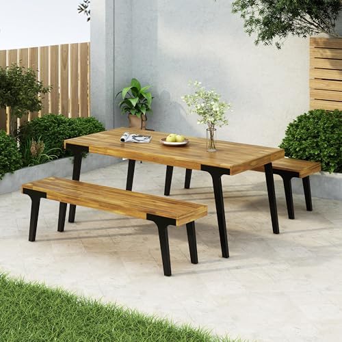 69'' Outdoor Patio Dining Table & 2 Bench for 4, Acacia Wood Farmhouse Dining Table Set Outdoor & Indoor Furniture for Patio Porch Garden, 3-Pcs, Light Teak - Image 4
