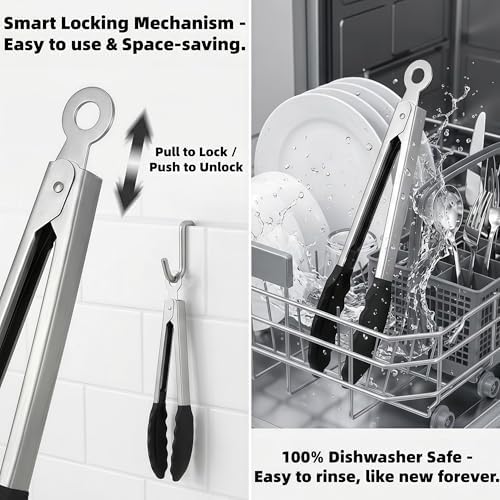 Grill Tongs,Mini Tongs with Silicone Tips,3Pcs bbq tongs 7-Inch Small Serving Tongs for Cooking, Stainless Steel Food small tongs with Locking Mechanism for Salad, Taco Bar, Appetizers & Buffet - Image 7