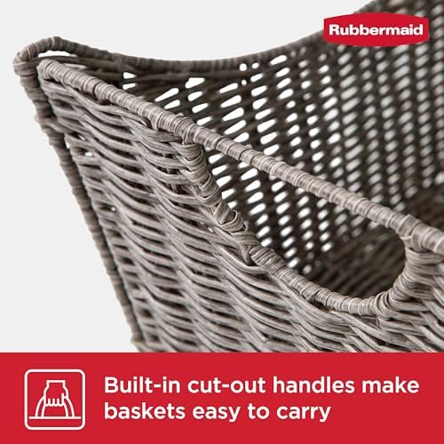 Rubbermaid Woven Storage Baskets – Set of 2 Multipurpose Bins for Indoors or Outdoors, Medium-Size Resin Rattan Organizers with Handles, 15” x 11.25”, Dark Gray - Image 6