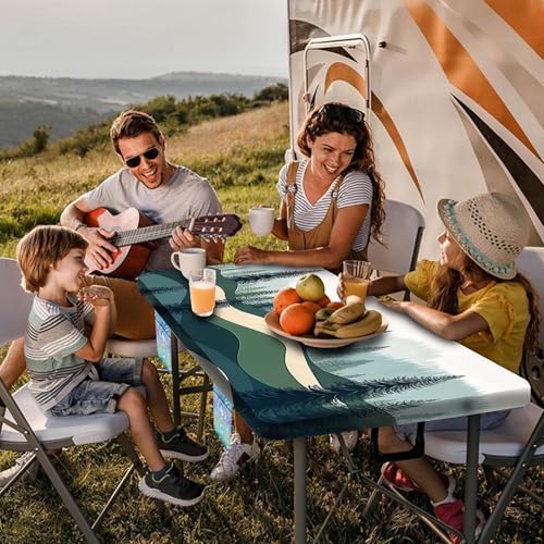 Picnic Table Cover with Bench Covers, Green Blue Camping Tablecloth Waterproof Windproof, Fitted Tablecloth Cover with Elastic Edge, for Indoor & Outdoor, Garden, Camping, 3 Pieces Set, 30x60 Inch - Image 3