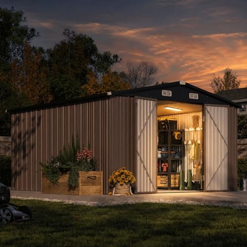 Aoxun 10 x 12FT Outdoor Storage Shed with 2 Pack Motion Sensor Light, Brown by Aoxun
