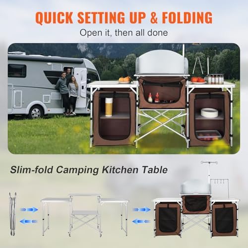VEVOR Camping Kitchen Table, Folding Outdoor Cooking Table with Storage Carrying Bag, Aluminum Cook Station 3 Cupboard & Detachable Windscreen, Quick Set-up for Picnics, BBQ, RV Traveling, Brown - Image 5