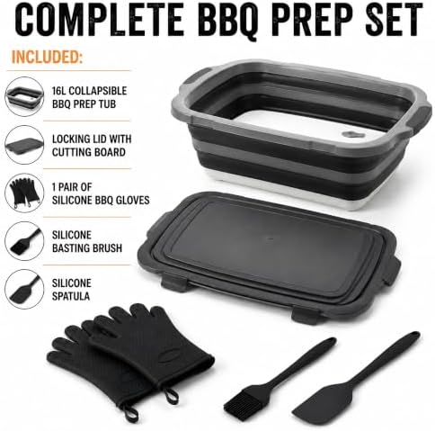 Collapsible BBQ Prep Tub with Lid & Integrated Cutting Board, 16L XL Meat Marinating Basin with Drain Plug, Foldable Grill Prep Station with Heat-Resistant Gloves, Brush & Spatula (X-Large, 16L) - Image 5