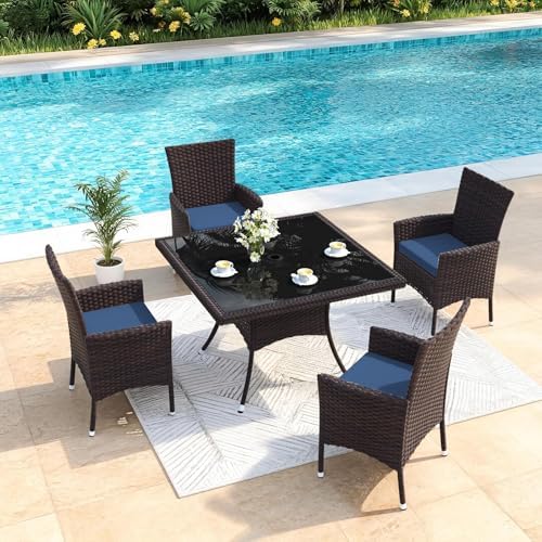 Gotland 5 Piece Outdoor Dining Set, All-Weather Rattan Patio Furniture Set with Umbrella Hole Tempered Glass Square Table, Outdoor Table and Chairs with Removable Cushions for Backyard, Deck, Navy by Gotland