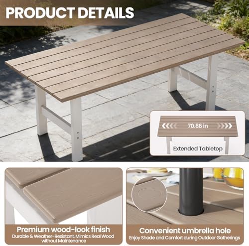Outdoor Dining Set,7-Piece Patio Table and Chairs Set for 6, HDPE Outdoor Dining Table and Chairs with Umbrella Hole, All-Weather Patio Dining Furniture Set,White Brown - Image 4
