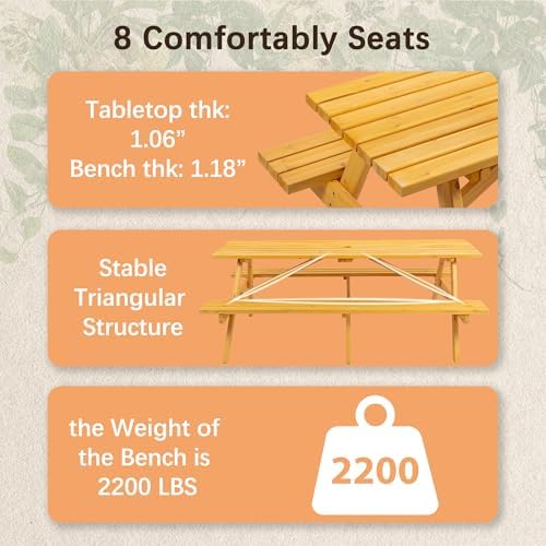 75'' Rectangular Outdoor Dining Table Wooden Patio Dining Table & 2 Built-in Bench for 8, 2" Umbrella Hole, Suitable for Backyard Garden Porch, Natural - Image 7