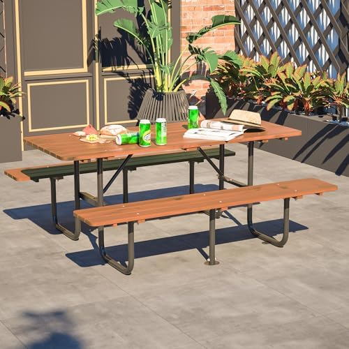 72" Rectangular Outdoor Picnic Table - 6 Person Brown Wooden Dining Set with Built-in Benches, Ideal for Garden BBQ & Courtyards by QUAWIP