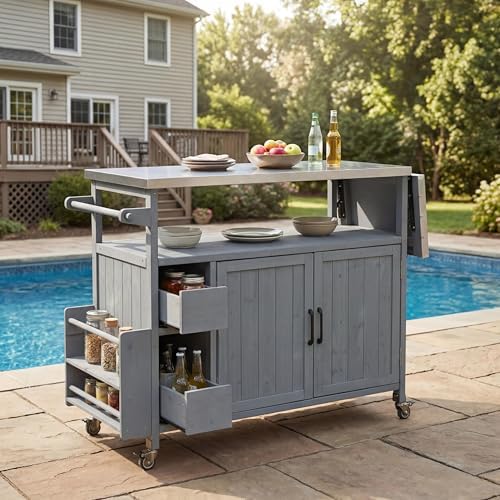 Christopher Knight Home Edsel Outdoor Bar Cart with Stainless Steel Top and Lockable Wheels, Solid Wood Outdoor Storage Cabinet, Kitchen Island Serving Cart for Poolside, Garden, Blue Gray by ChristopherKnightHome