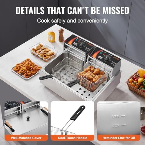 VEVOR Commercial Deep Fryer, 3000W Electric Turkey Fryer with 3 Removable Baskets, Large Capacity 18Qt / 17L Stainless Steel Countertop Single Oil Fryer, for Kitchen Restaurant Use, Silver - Image 6