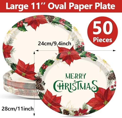 50 PCS Christmas Oval Paper Plates Large 11” Disposable Poinsettias Theme Party Decorations Winter Floral Supplies Favor for Merry Christmas Dinner Heavy Duty Dish Platter Birthday Party Tableware Set - Image 2