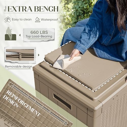 Greesum 100 Gallon Resin Deck Box Outdoor Storage with Cushion, Coffee - Image 4