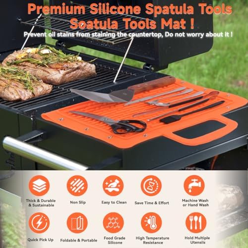 LIONROGE Large Silicone Grill Mat, Foldable Silicone Griddle Tools Spatula Mat with Drip Pad & Handle & Snap Buttons, Portable BBQ Side Shelf Mats Grill Pad for Blackstone Griddles Accessories,Orange - Image 2