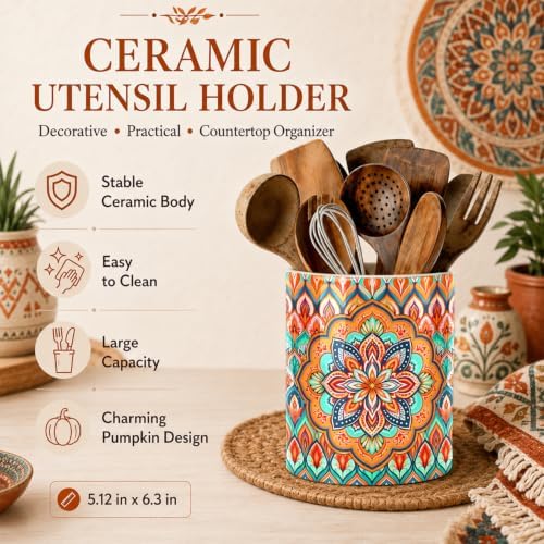 Orange Bohemian Kitchen Utensil Holder, Boho Style Ceramic Utensil Holder For Countertop Organizer, 6.3'' Winter Cooking Utensil Crocks Festivel Decor Utensil Storage Cup for Spatulas, Spoons - Image 6