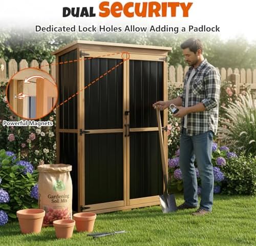 Outdoor Storage Cabinet with Shelves, Wood & Metal Storage Shed with Weatherproof Roof, 3 Removable Shelves, Lockable Doors, Adjustable Feet, Outside Storage Cabinet for Garage, Patio, Backyard - Image 4