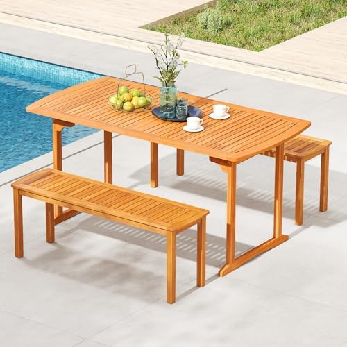 Tangkula 3 Piece Acacia Wood Patio Dining Table Set, 63" Large Patio Table & 2 Backless Benches w/Umbrella Hole, Farmhouse Indoor Outdoor Diner Furniture for Garden Poolside Deck Kitchen - Image 2