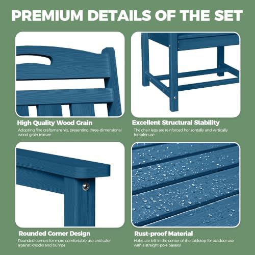 HDPE Outdoor Dining Set, Patio Table and 6 Chairs, 2" Umbrella Hole, Navy - Image 6
