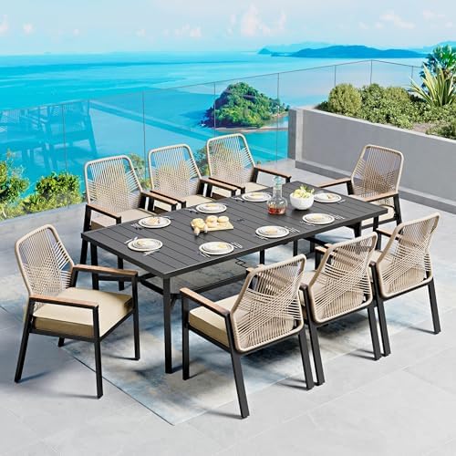 SUNSHINE VALLEY 9pc Patio Dining Set, 83" Metal Table & 8 Rattan Chairs by SUNSHINEVALLEY
