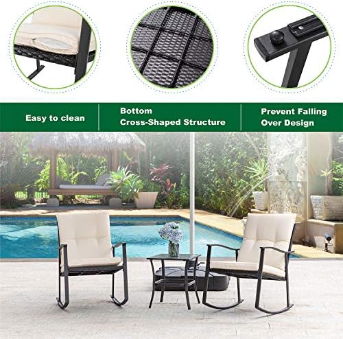 Shintenchi Outdoor 3-Piece Rocking Bistro Set,Wicker Patio Furniture Porch Chairs Conversation Sets with Glass Coffee (Beige Cushion) - Image 6