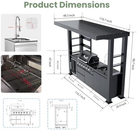110" Outdoor Kitchen Island with 4-Burner 72000 BTU,Heavy-Duty Natural Gas Grill with Side Burner,Rotisserie Oven,Galvanized Steel Roof,Granite Countertops,Refrigerator,Storage,Sink.(Natural Gas) - Image 2
