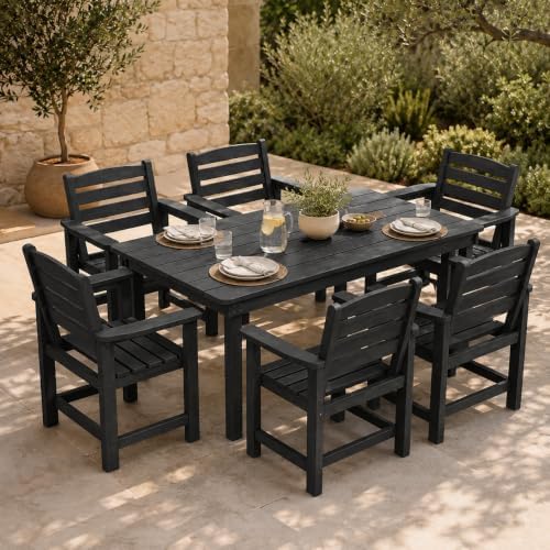 7 Pcs Outdoor Patio Dining Set, HDPE Table & Chairs with Umbrella Hole by PatioKingdom
