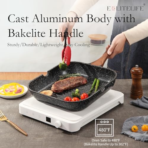 ESLITE LIFE Nonstick Grill Pan for Stove Tops, Versatile Griddle with Pour Spouts, 11 Inch Square Big Grilling Skillet Steak Pan for Indoor & Outdoor Cooking, PTFE & PFOA Free, Black - Image 5