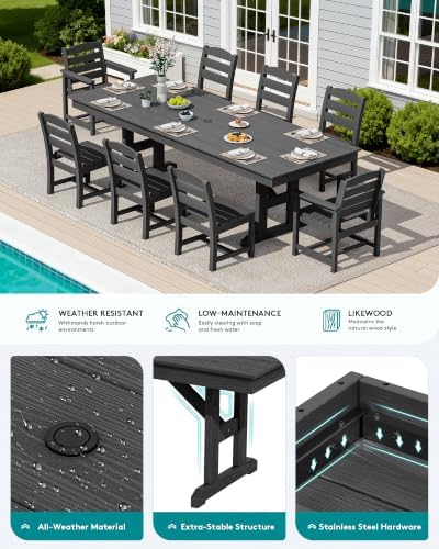SERWALL 9Pcs HDPE Outdoor Dining Set w/6 Armless, 2 Armchairs for 8,Black - Image 4