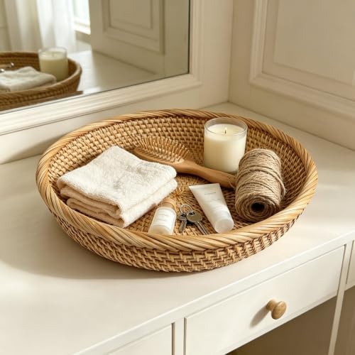 RT&BS Round Rattan Bread Basket, Rattan Fruit Basket, Rattan Decorative Tray, Rattan Keys Tray, Handwoven Storage Baskets for Kitchen, Dining Room, Store, Restaurant, Bathroom (L) - Image 6